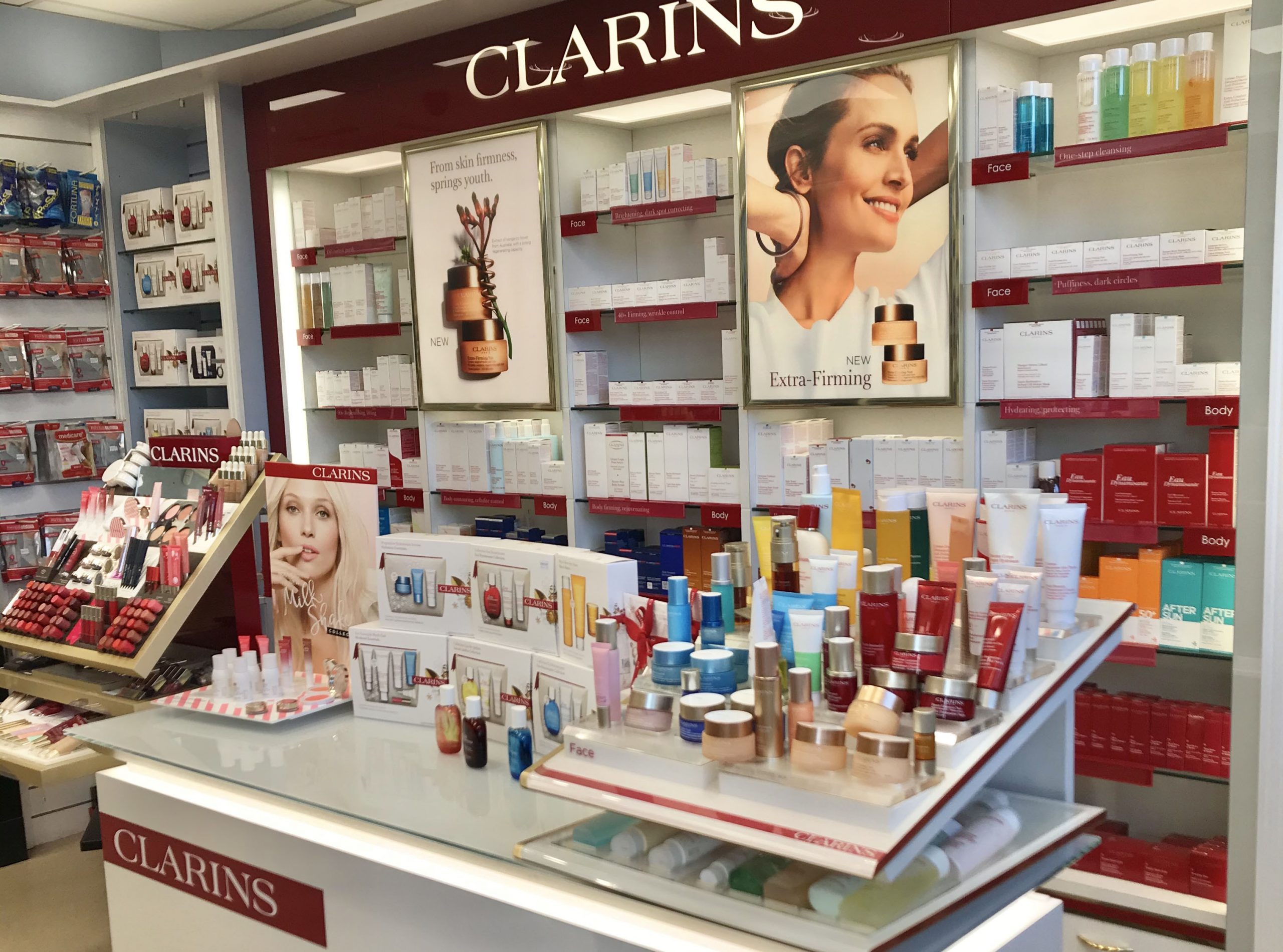 Clarins counter in pharmacy